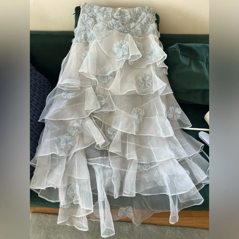 LoveShackFancy Light Blue Layered Skirt - Grover Tiered Floral Appliqué Skirt - Picture 6 of 8